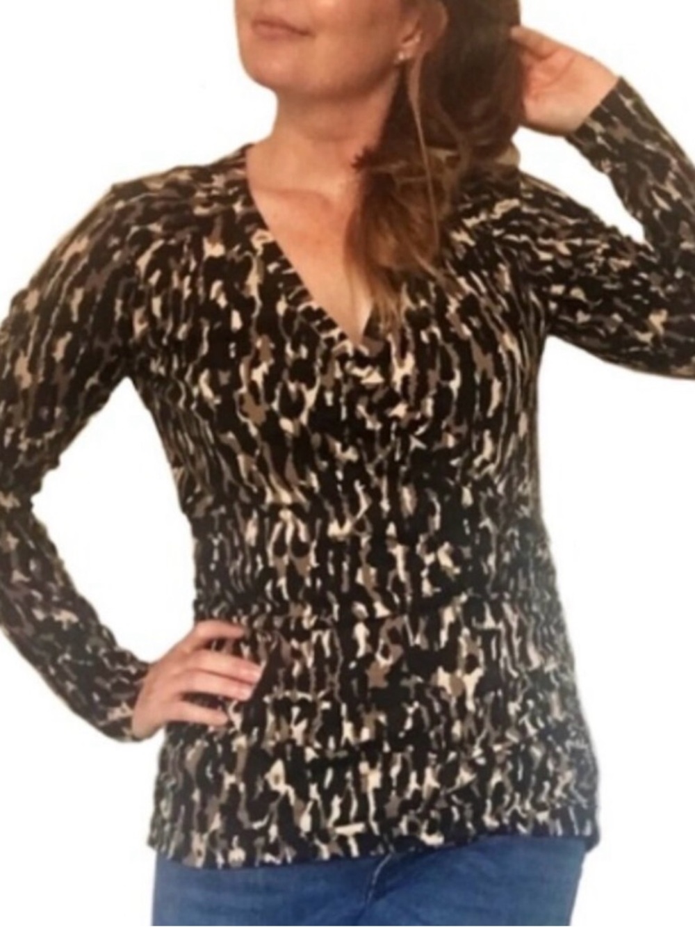 Women’s CAbi Size XL Animal Print Cotton/Spandex Hanky Faux Wrap Top Style #131